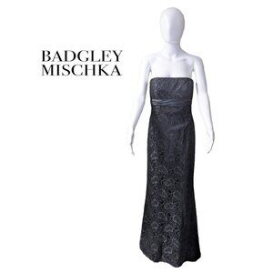 BADGLEY MISCHKA Black Lace Silk Strapless Gown